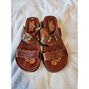 EUC Women's Mexican Embroidered Floral Boho Sandals Slides Size 6.5 US 4 MX